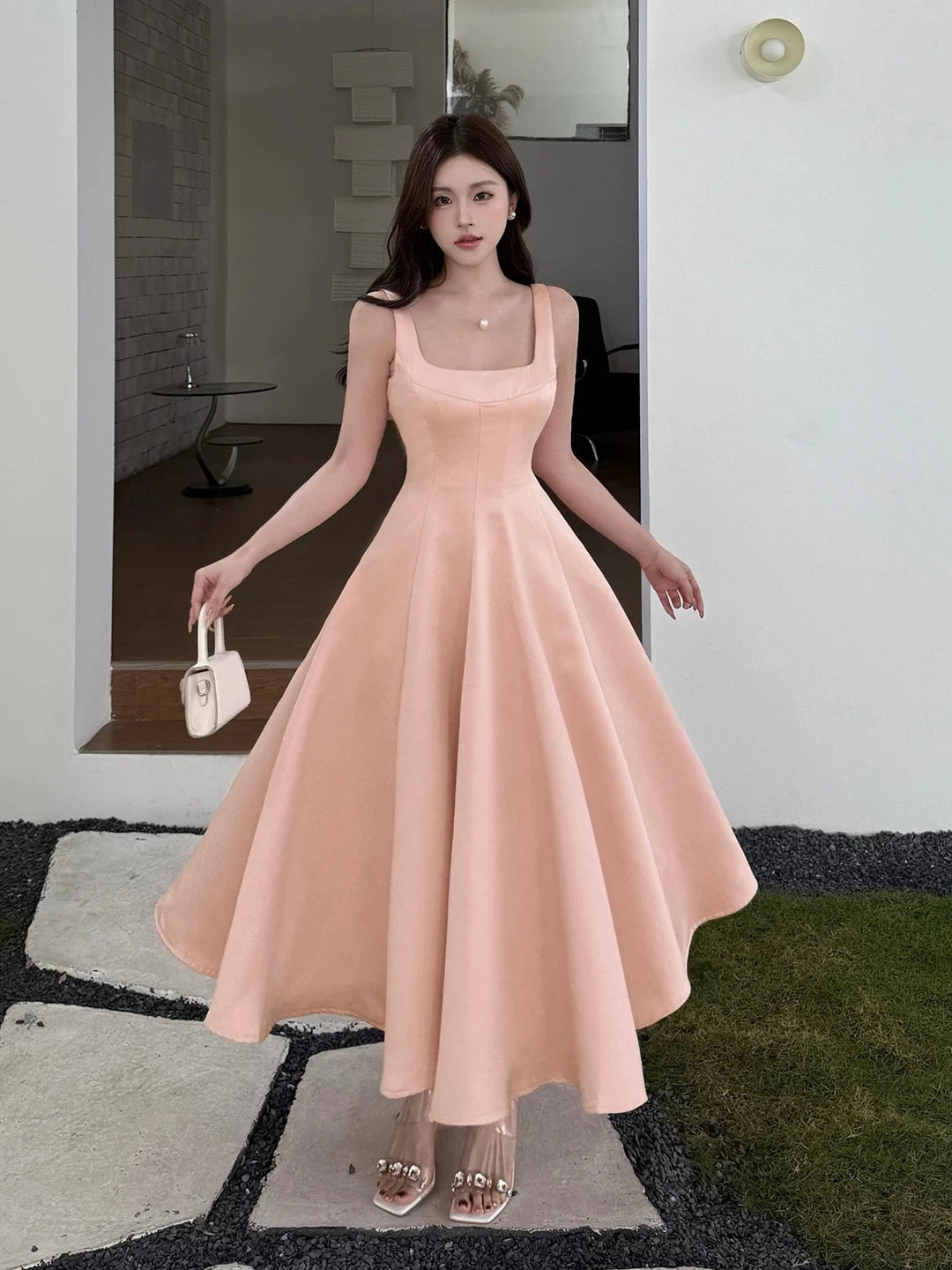 Sexy A line Square Neck Pink Satin Midi Length Cruise Ship Formal Night Party Dresses 19th Birthday Outfit RB5761