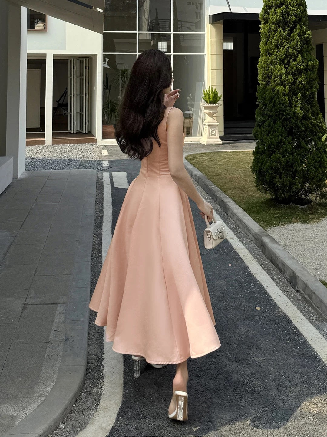 Sexy A line Square Neck Pink Satin Midi Length Cruise Ship Formal Night Party Dresses 19th Birthday Outfit RB5761
