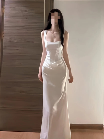 Sexy Mermaid Square Neck White Corset Fitted Floor Length Cruise Ship Formal Night Party Dresses 19th Birthday Outfit RB5764