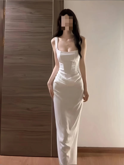 Sexy Mermaid Square Neck White Corset Fitted Floor Length Cruise Ship Formal Night Party Dresses 19th Birthday Outfit RB5764