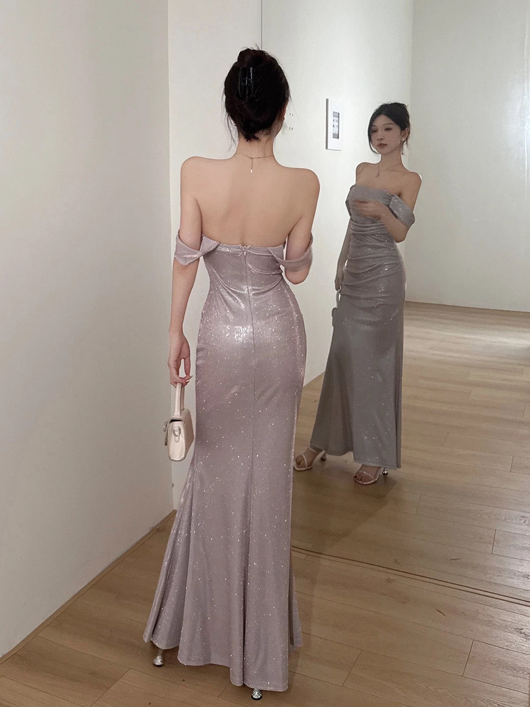 Sparkly Mermaid Off The Shoulder Pink Sequin Cruise Ship Formal Night Party Dresses 19th Birthday Outfit RB5766