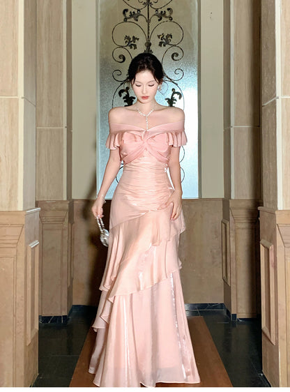 Modest Mermaid Off The Shoulder Pink Cruise Ship Formal Night Prom Gown Party Dresses 19th Birthday Outfit RB5767