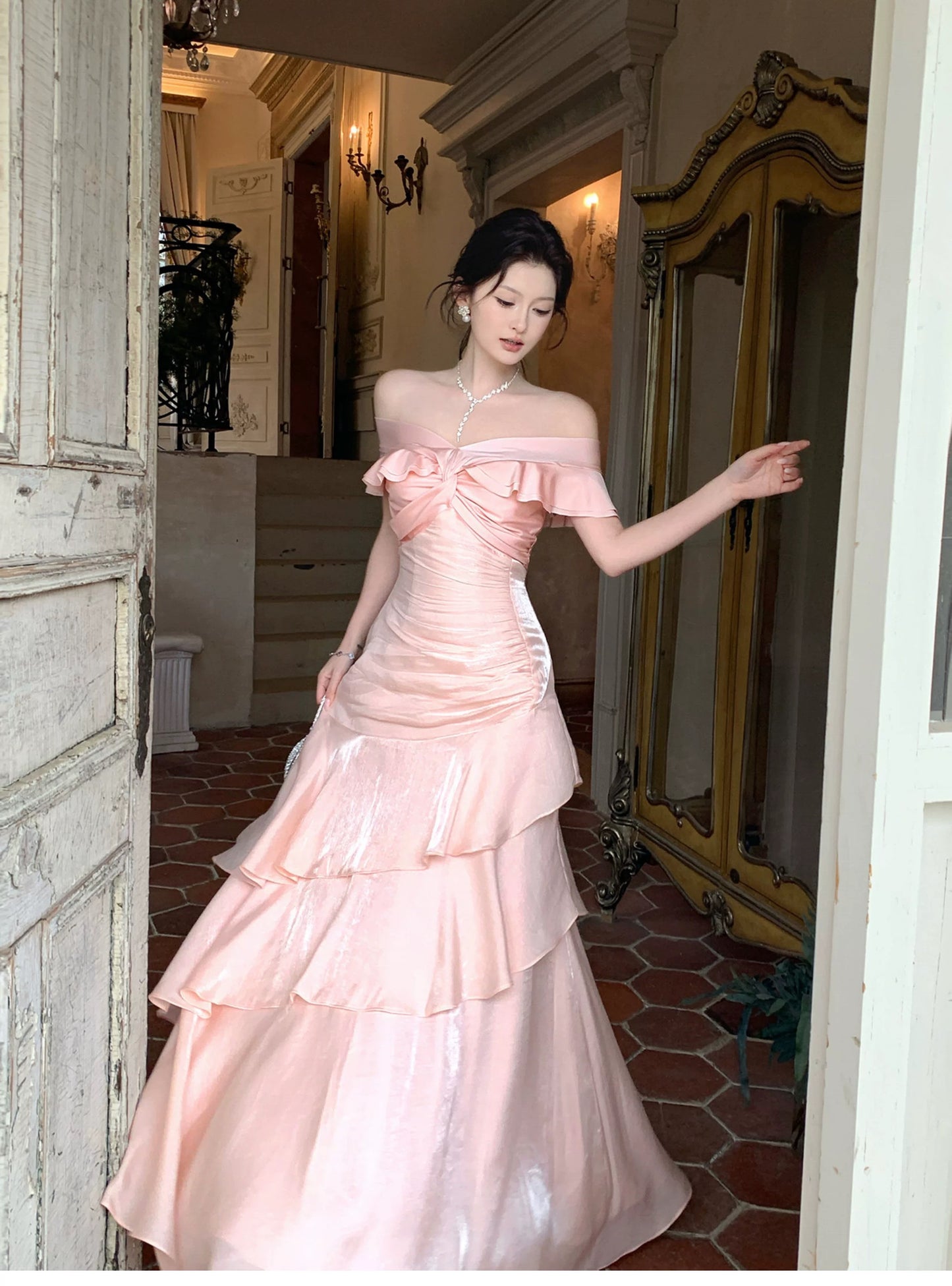 Pretty Mermaid Off The Shoulder Pink Cruise Ship Formal Night Prom Gown Party Dresses 19th Birthday Outfits RB5768