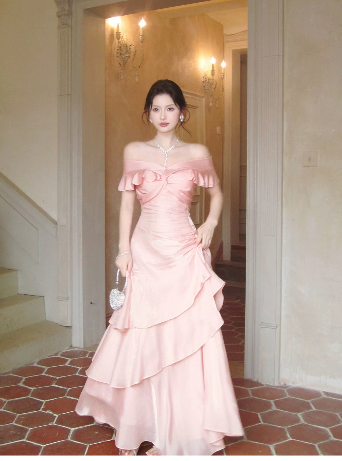 Sexy Mermaid Off The Shoulder Pink Fitted Floor Length Cruise Ship Formal Night Prom Dresses 19th Birthday Outfit RB5769