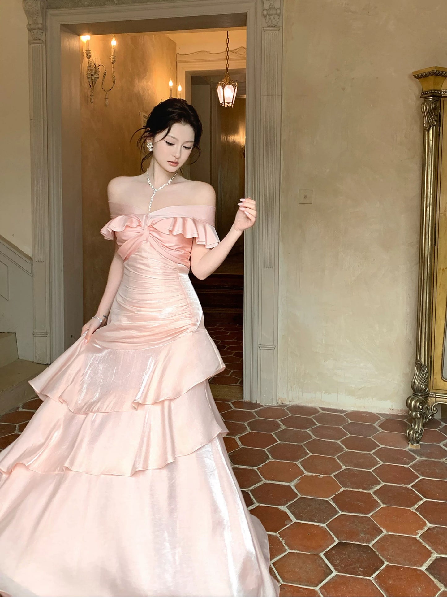Sexy Mermaid Off The Shoulder Pink Fitted Floor Length Cruise Ship Formal Night Prom Dresses 19th Birthday Outfit RB5769