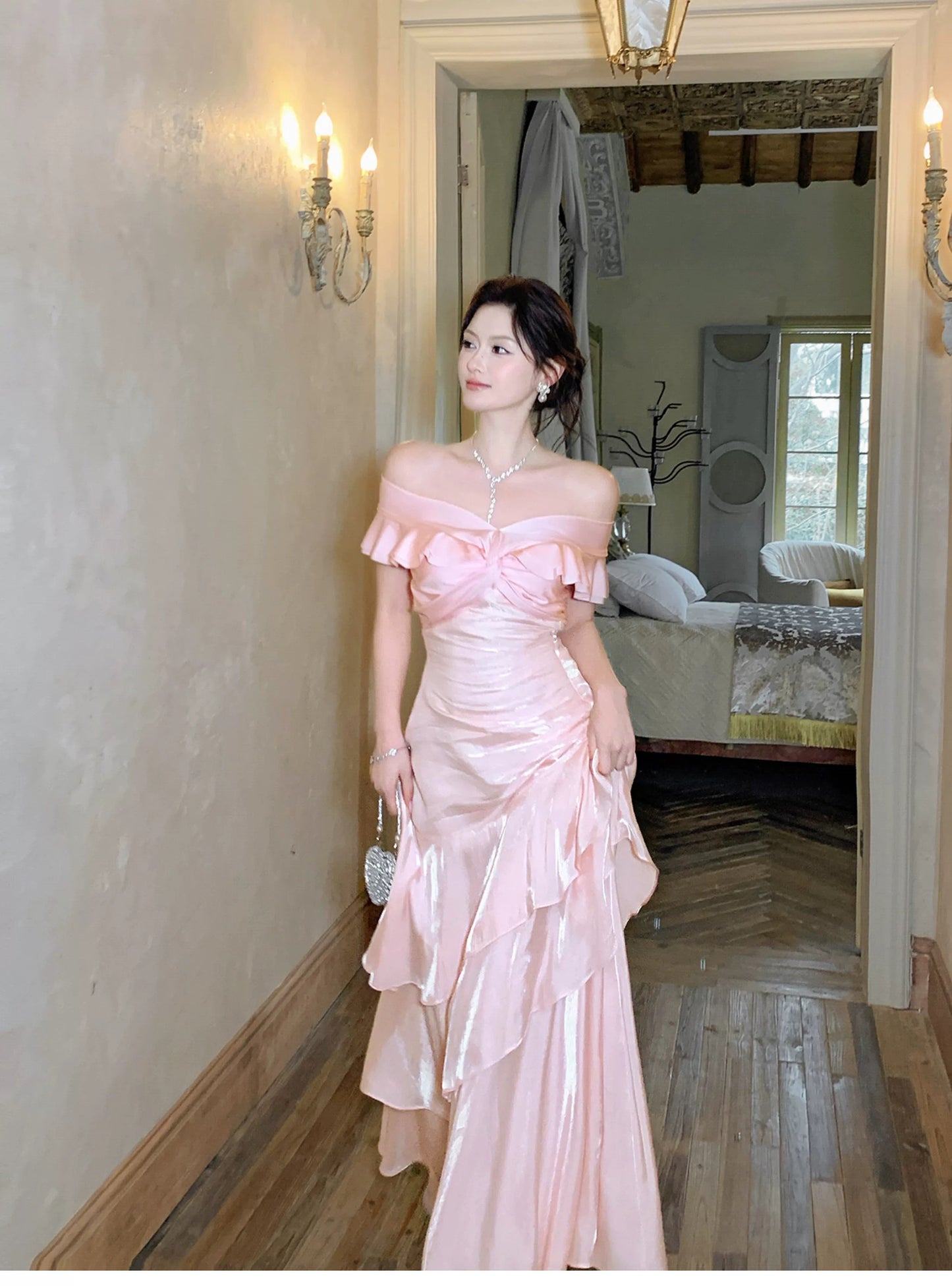 Sexy Mermaid Off The Shoulder Pink Fitted Floor Length Cruise Ship Formal Night Prom Dresses 19th Birthday Outfit RB5769