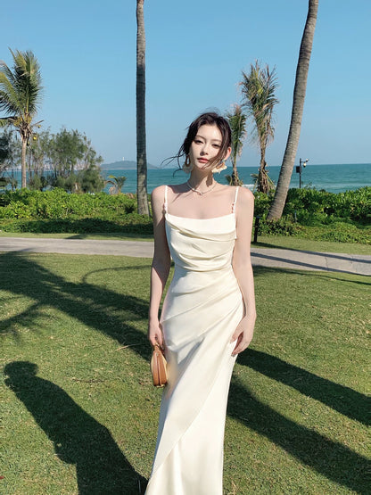 Maximalist Mermaid Spaghetti Strap White Cruise Ship Formal Night Evening Dresses Long Birthday Outfit RB3848