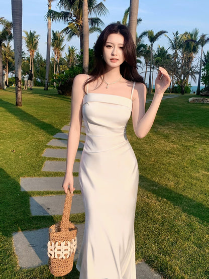 Modest Mermaid Spaghetti Strap White Satin Sleeveless Spring Summer Event Outfits Wedding Guest Dresses RB3849