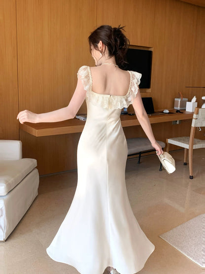 Modest Mermaid Square Neck White Satin Sleeveless Spring Summer Event Outfits Wedding Guest Dresses RB3850