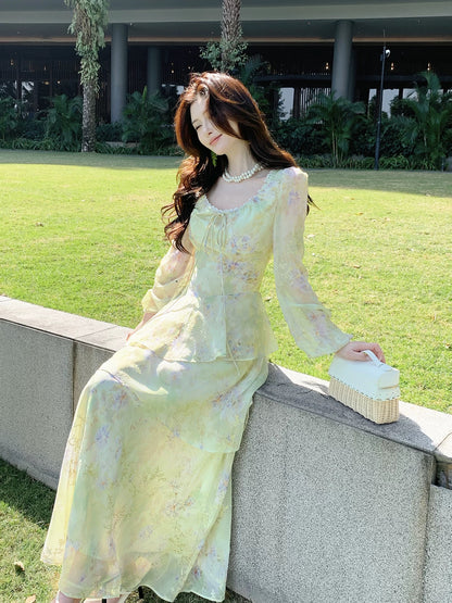 Modest A Line Square Neck Floral Chiffon With Long Sleeves Spring Summer Event Outfits Wedding Guest Dresses RB3851
