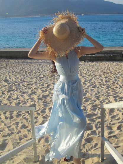 Maximalist A line Jewel Neck Chiffon Blue Cruise Ship Formal Night Evening Dresses 18th Birthday Outfit RB3852