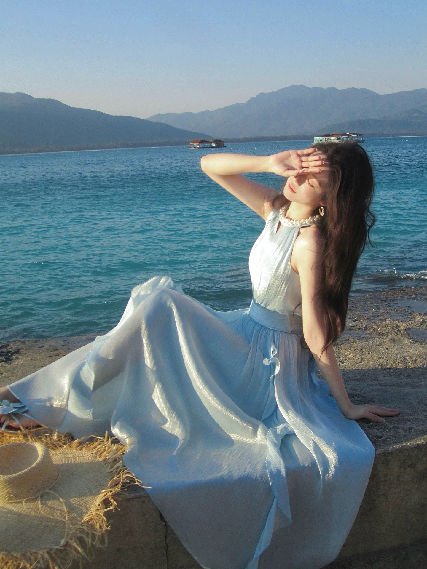 Maximalist A line Jewel Neck Chiffon Blue Cruise Ship Formal Night Evening Dresses 18th Birthday Outfit RB3852