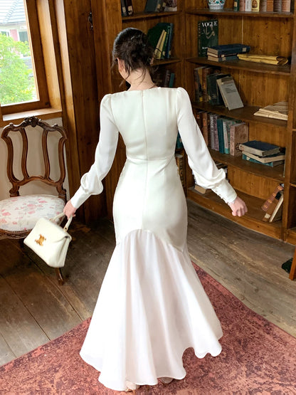 Modest Mermaid V Neck Ivory With Long Sleeves Spring Summer Event Outfits Wedding Guest Dresses RB3855