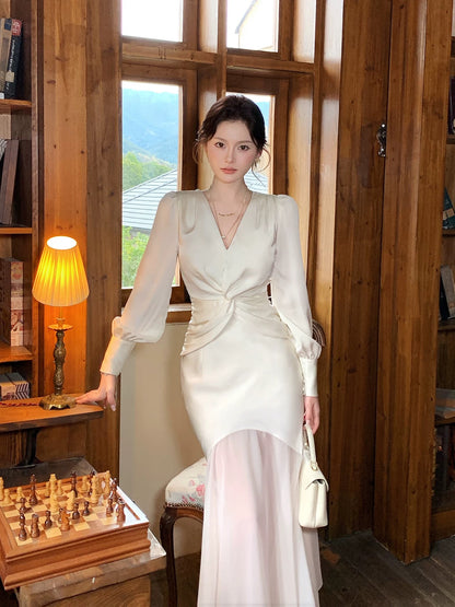Modest Mermaid V Neck Ivory With Long Sleeves Spring Summer Event Outfits Wedding Guest Dresses RB3855