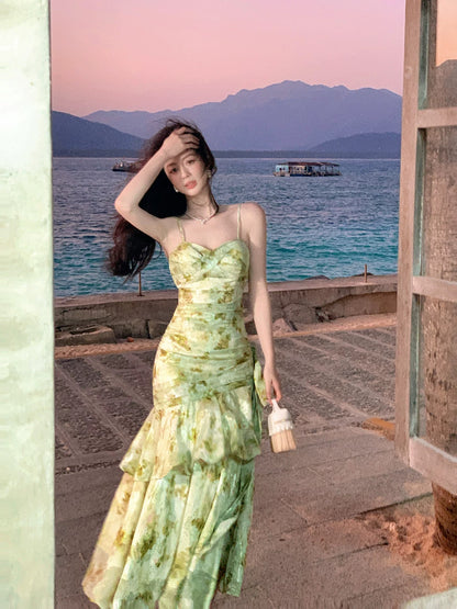 Flamboyant Mermaid Spaghetti Strap Floral Green Chiffon Cruise Ship Formal Night Evening Dresses 18th Birthday Outfit RB3859