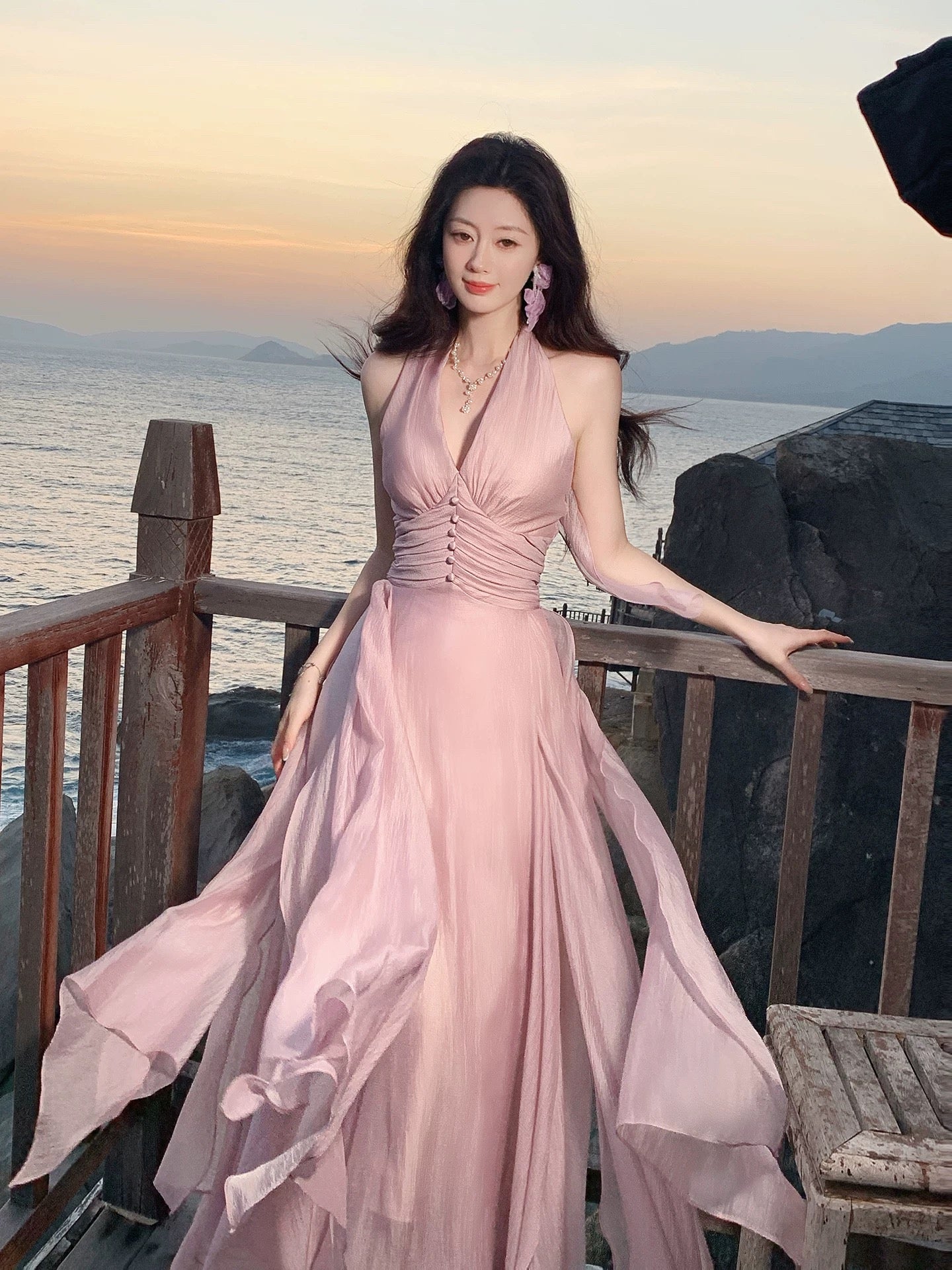 Modest A line Halter Pink Chiffon Spring Summer Event Outfits Wedding Guest Dresses RB3860