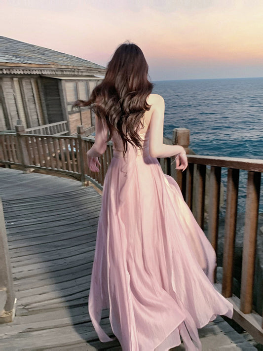 Modest A line Halter Pink Chiffon Spring Summer Event Outfits Wedding Guest Dresses RB3860