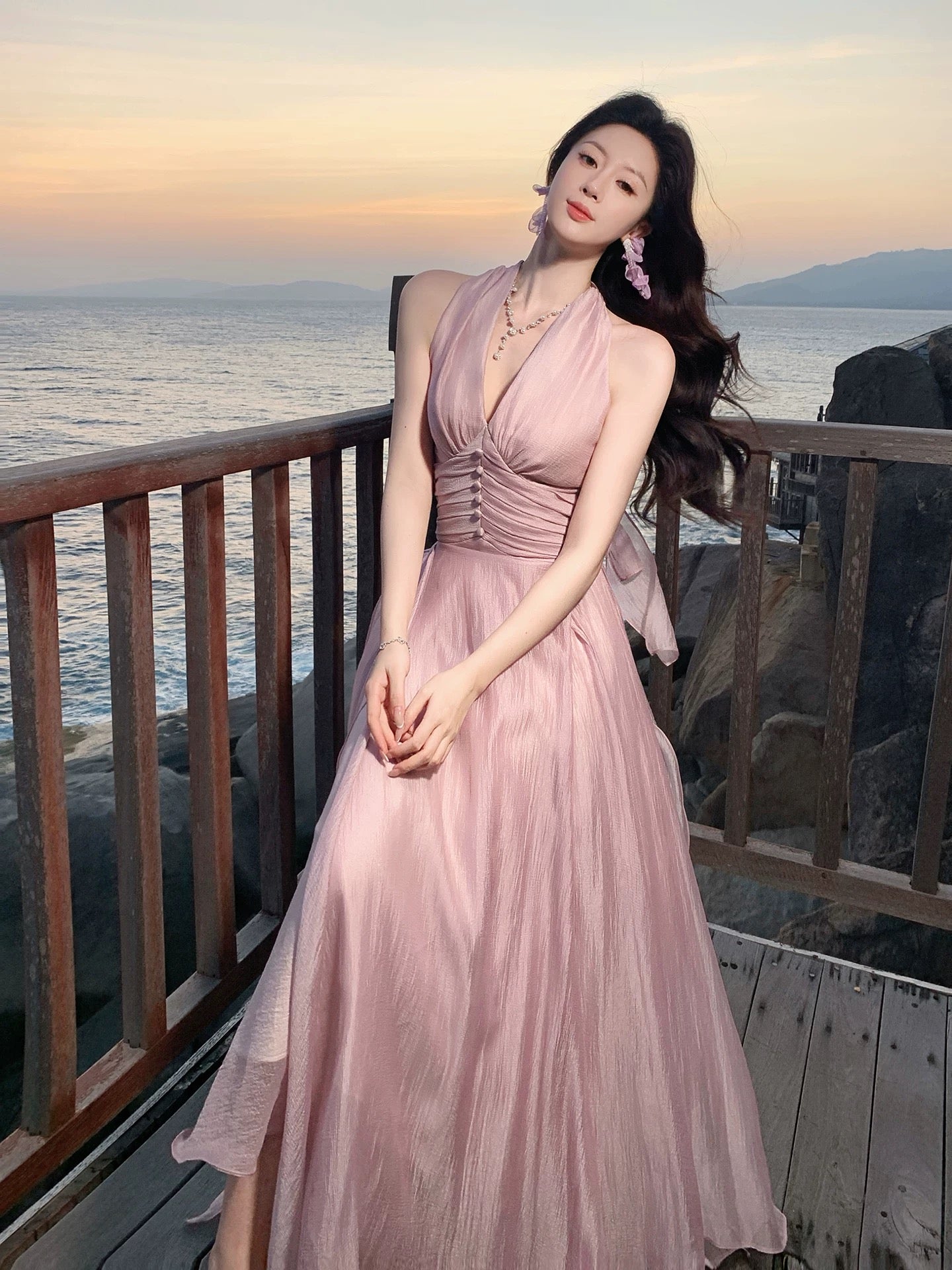 Modest A line Halter Pink Chiffon Spring Summer Event Outfits Wedding Guest Dresses RB3860