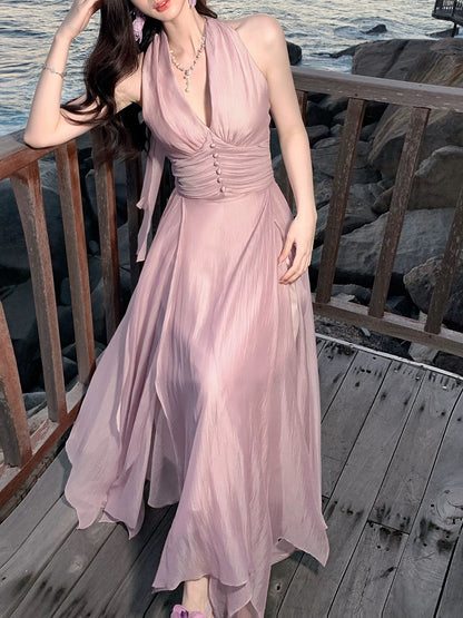 Modest A line Halter Pink Chiffon Spring Summer Event Outfits Wedding Guest Dresses RB3860