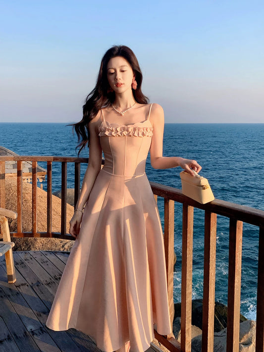 Modest A line Spaghetti Strap Blush Pink Tea Length Spring Summer Event Outfits Wedding Guest Dresses RB3863