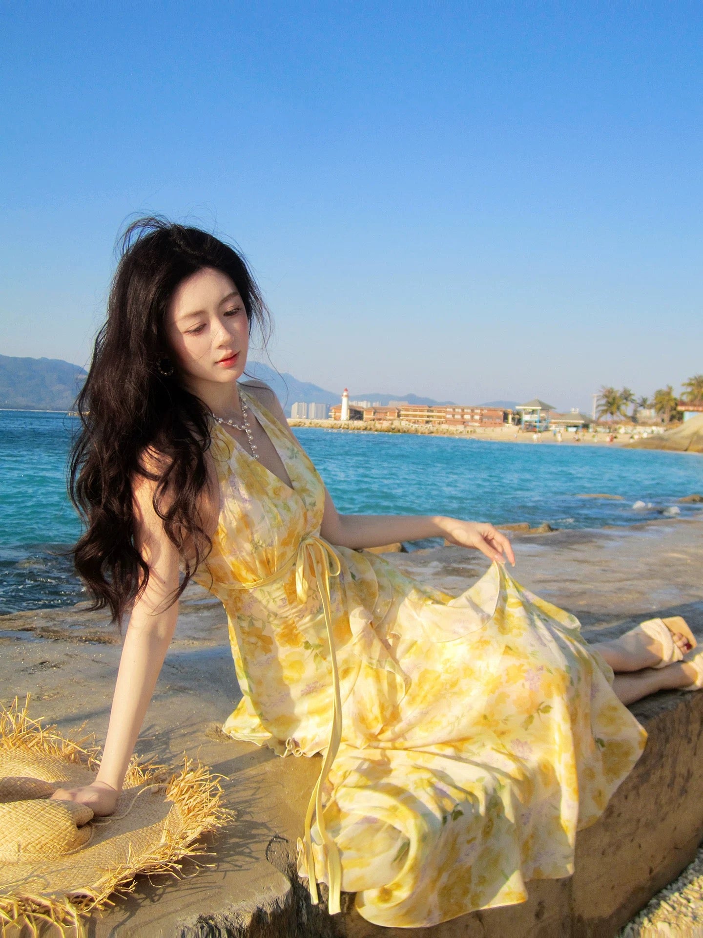 Pretty A line Halter Yellow Floral Tea Length Spring Summer Event Outfits Wedding Guest Dresses RB3865
