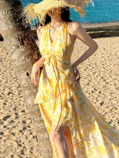 Pretty A line Halter Yellow Floral Tea Length Spring Summer Event Outfits Wedding Guest Dresses RB3865