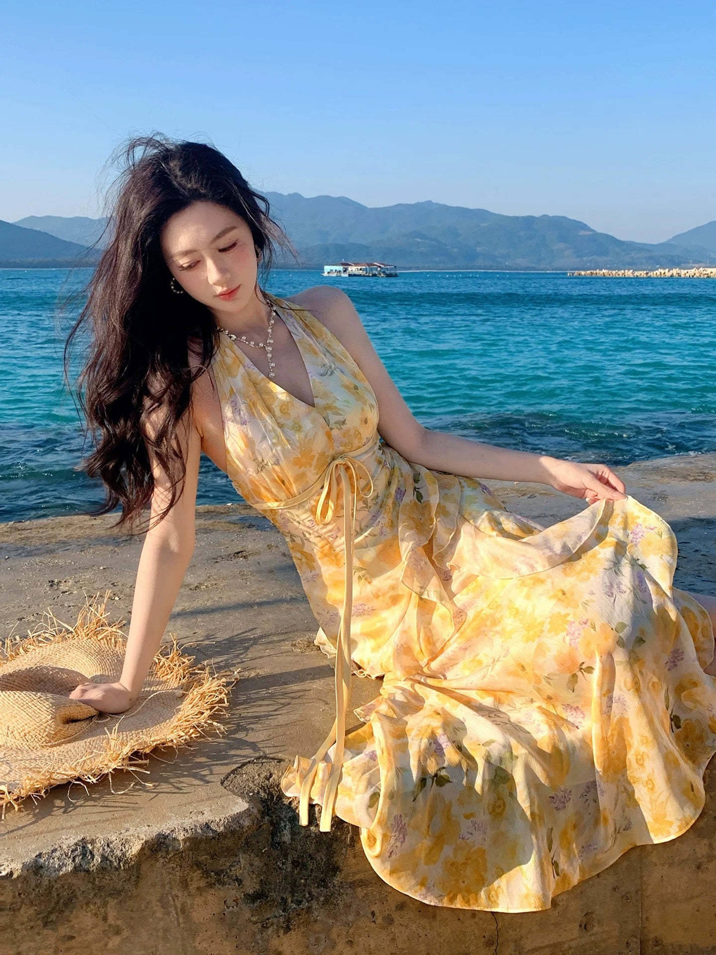 Pretty A line Halter Yellow Floral Tea Length Spring Summer Event Outfits Wedding Guest Dresses RB3865