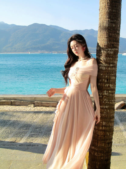 Pretty A Line Spaghetti Strap Pink Chiffon Spring Summer Event Outfits Wedding Guest Dresses RB3868