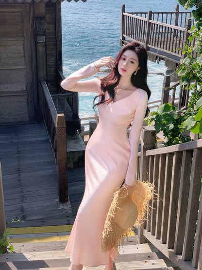 Pretty Mermaid V Neck With Long Sleeves Pink Spring Summer Event Outfits Wedding Guest Dresses RB3869