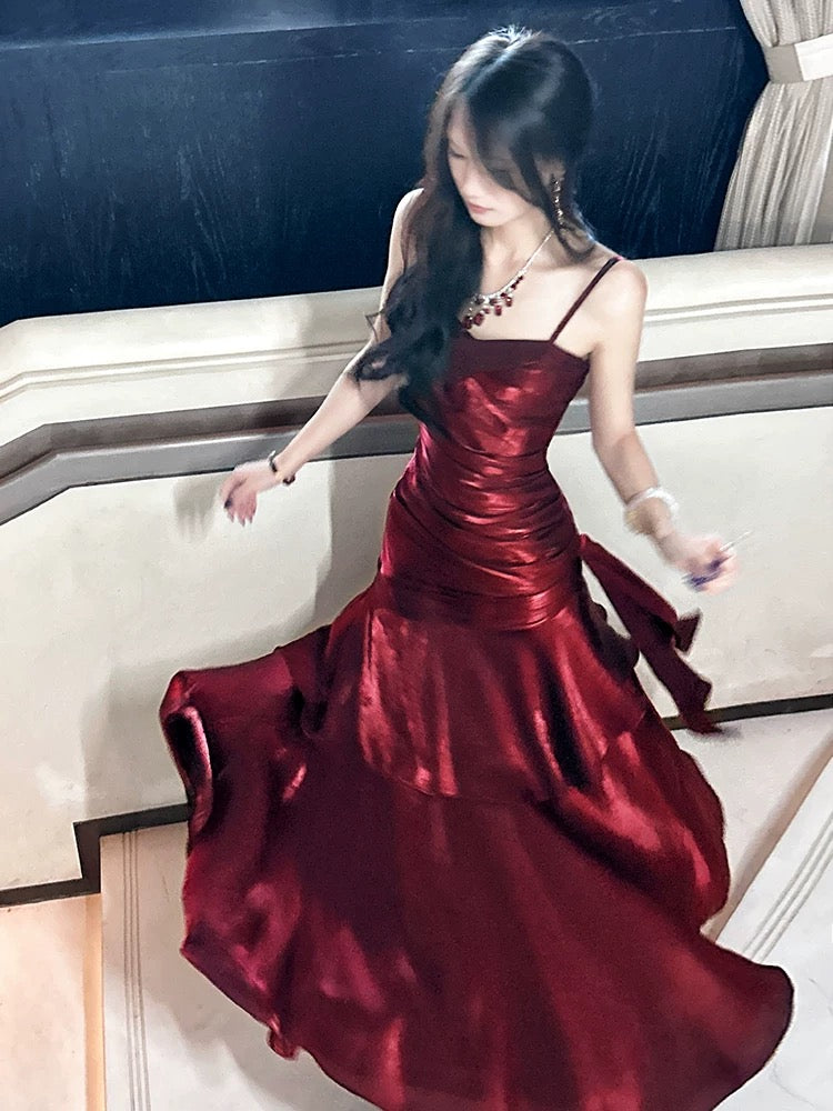Modest Mermaid Spaghetti Strap Burgundy Cruise Ship Formal Night Evening Dresses 21st Long Birthday Outfit RB3881