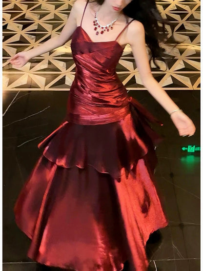 Modest Mermaid Spaghetti Strap Burgundy Cruise Ship Formal Night Evening Dresses 21st Long Birthday Outfit RB3881