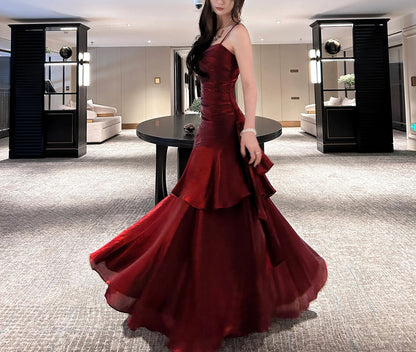 Modest Mermaid Spaghetti Strap Burgundy Cruise Ship Formal Night Evening Dresses 21st Long Birthday Outfit RB3881