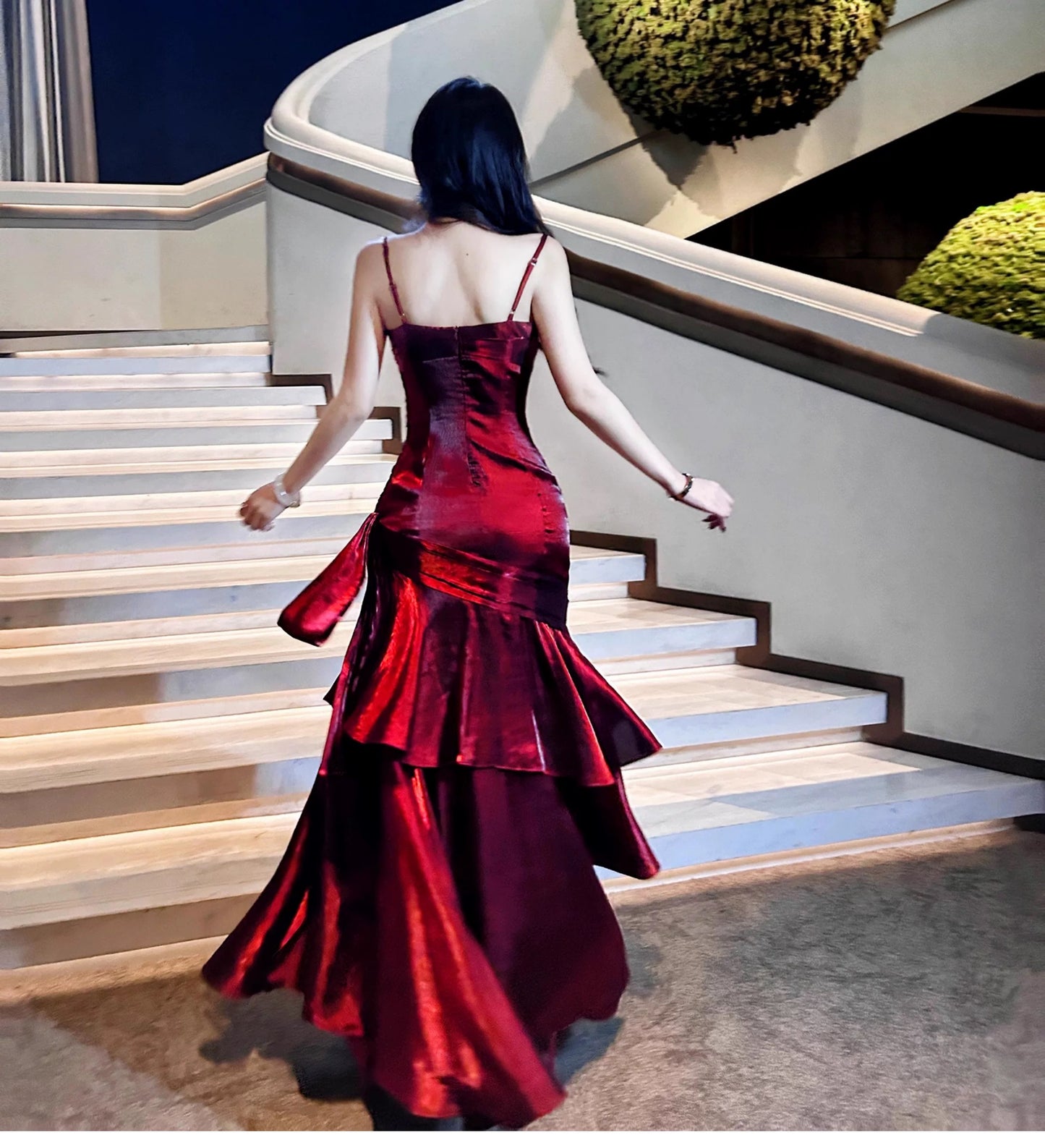 Modest Mermaid Spaghetti Strap Burgundy Cruise Ship Formal Night Evening Dresses 21st Long Birthday Outfit RB3881