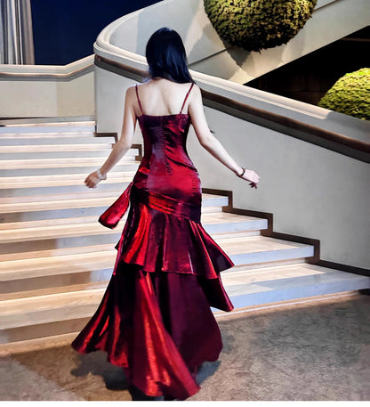 Modest Mermaid Spaghetti Strap Burgundy Cruise Ship Formal Night Evening Dresses 21st Long Birthday Outfit RB3881