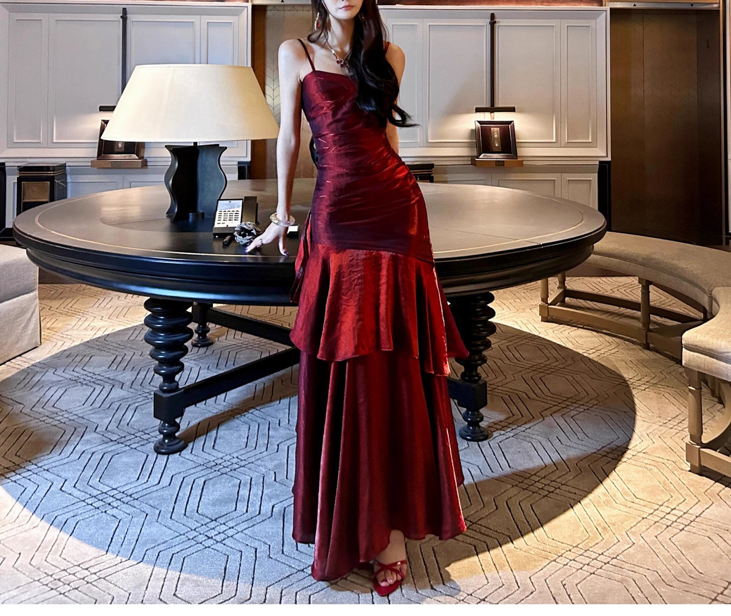 Modest Mermaid Spaghetti Strap Burgundy Cruise Ship Formal Night Evening Dresses 21st Long Birthday Outfit RB3881