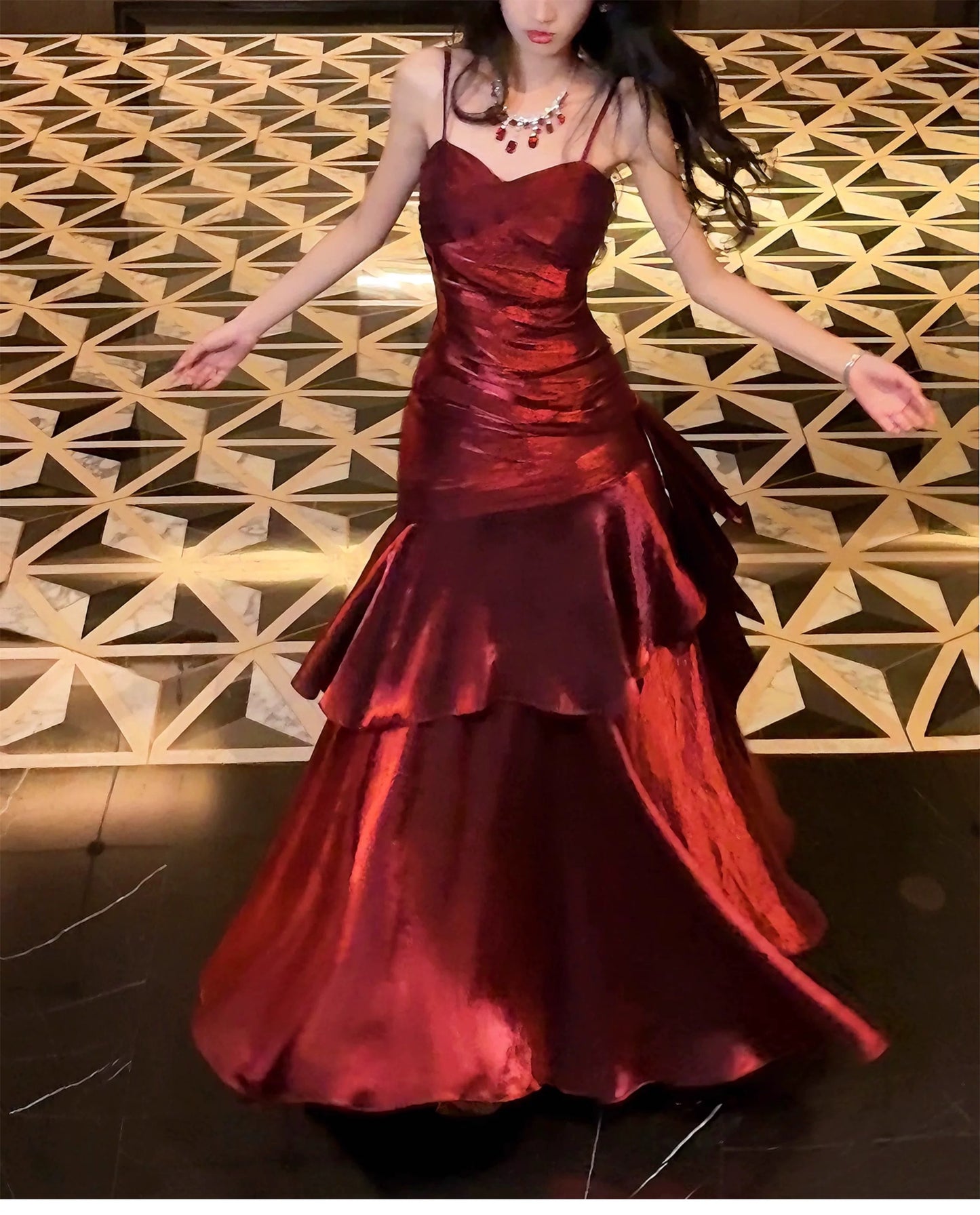 Modest Mermaid Spaghetti Strap Burgundy Cruise Ship Formal Night Evening Dresses 21st Long Birthday Outfit RB3881