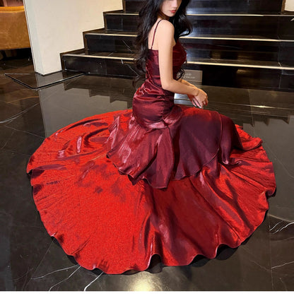 Modest Mermaid Spaghetti Strap Burgundy Cruise Ship Formal Night Evening Dresses 21st Long Birthday Outfit RB3881