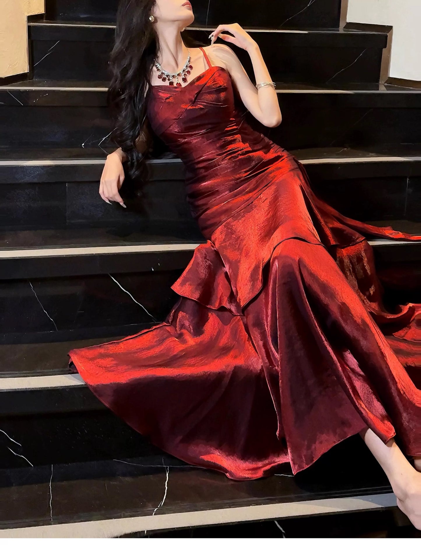 Modest Mermaid Spaghetti Strap Burgundy Wine Red Cruise Ship Formal Night Evening Dresses 21st Long Birthday Outfit RB3882