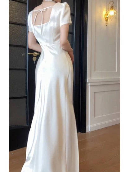 French Style Mermaid Square With Long Sleeves Spring Summer Event Outfits Wedding Guest Dresses RB3883