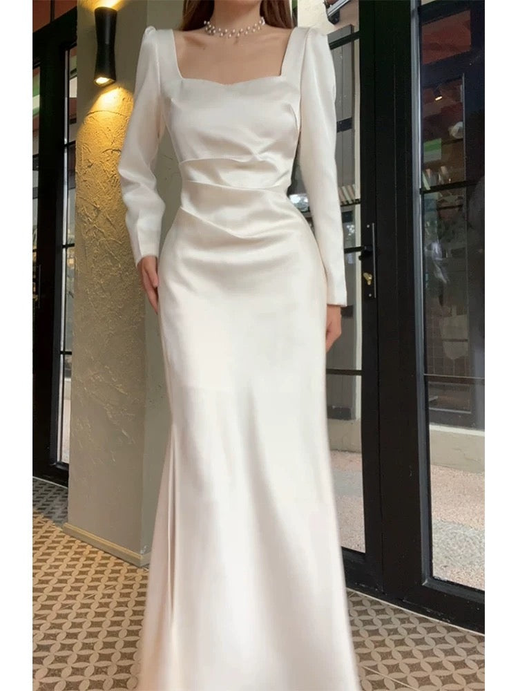 French Style Mermaid Square With Long Sleeves Spring Summer Event Outfits Wedding Guest Dresses RB3883