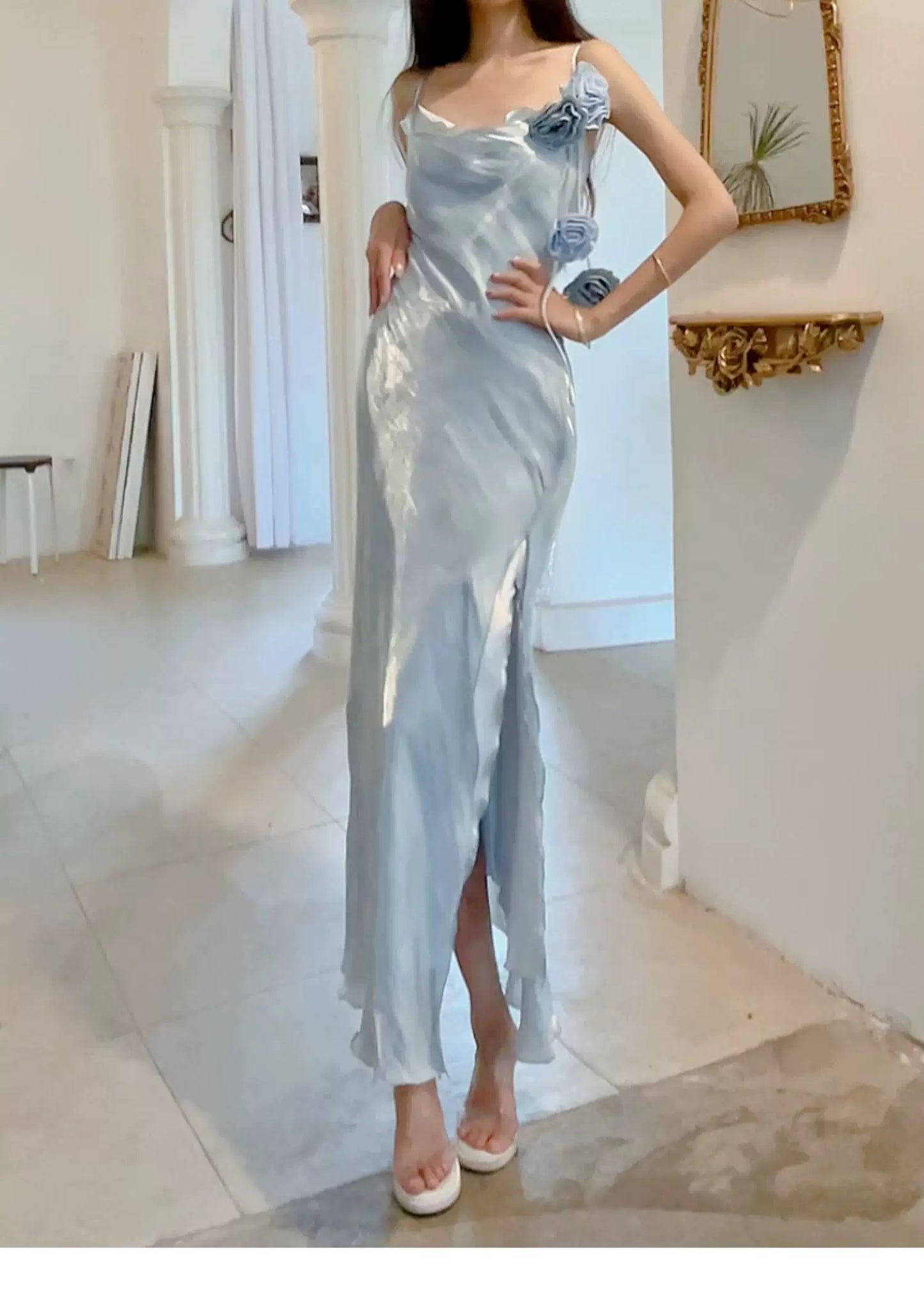 Elegant 2026 Sheath Spaghetti Straps Ice Blue With Split Semi Formal Summer Garden Beach Spring Event Outfits Wedding Guest Dresses RB4936