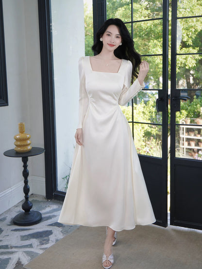 Artistic A Line Square Neck Long Sleeves Satin Outdoor Semi Formal Summer Garden Beach Spring Event Outfits Wedding Guest Dresses RB4944