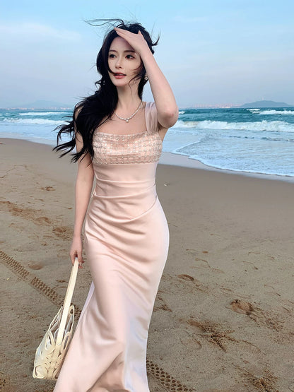 Artistic Sheath Square Neck Sleeveless Pink Satin Outdoor Semi Formal Summer Garden Beach Spring Event Outfits Wedding Guest Dresses RB4945