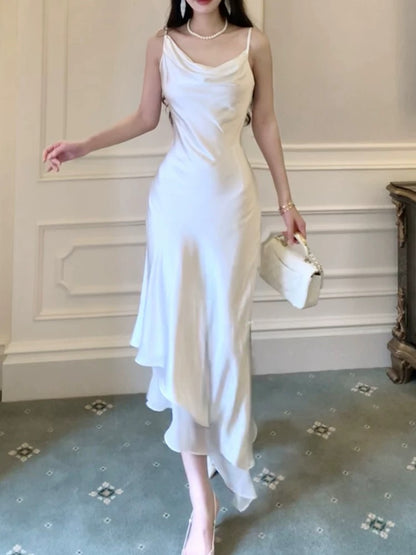 Artistic Sheath Spaghetti Strap Sleeveless White Satin Outdoor Semi Formal Summer Garden Beach Event Outfits Wedding Guest Dresses RB4947