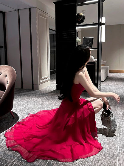 Boho-chic Mermaid Spaghetti Straps Red Chiffon Semi Formal Summer Garden Beach Spring Event Outfits Wedding Guest Dresses RB4949