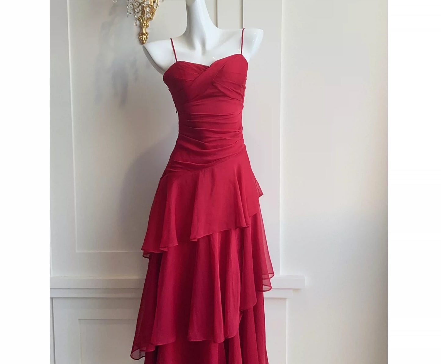 Boho-chic Mermaid Spaghetti Straps Red Chiffon Semi Formal Summer Garden Beach Spring Event Outfits Wedding Guest Dresses RB4949