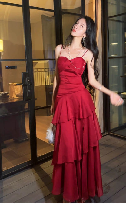 Free-Spirited Mermaid Spaghetti Straps Red Chiffon Layers Semi Formal Summer Garden Beach Spring Event Outfits Wedding Guest Dresses RB4951