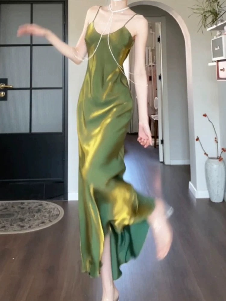 Artistic Mermaid Spaghetti Strap Green Sleeveless Outdoor Semi Formal Summer Garden Beach Event Outfits Wedding Guest Dresses RB4955