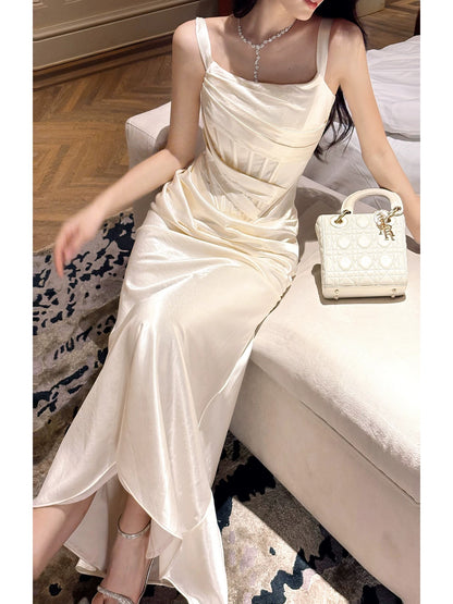 Artistic Mermaid Spaghetti Strap Ivory Satin Sleeveless Outdoor Semi Formal Summer Garden Beach Event Outfits Wedding Guest Dresses RB4956