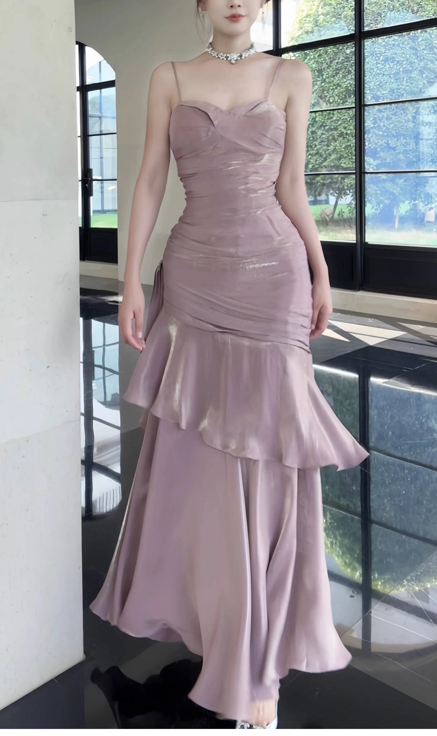 Free-Spirited Mermaid Spaghetti Straps Lilac With Layers Ruffled Semi Formal Summer Garden Beach Prom Event Outfits Wedding Guest Dresses RB4958